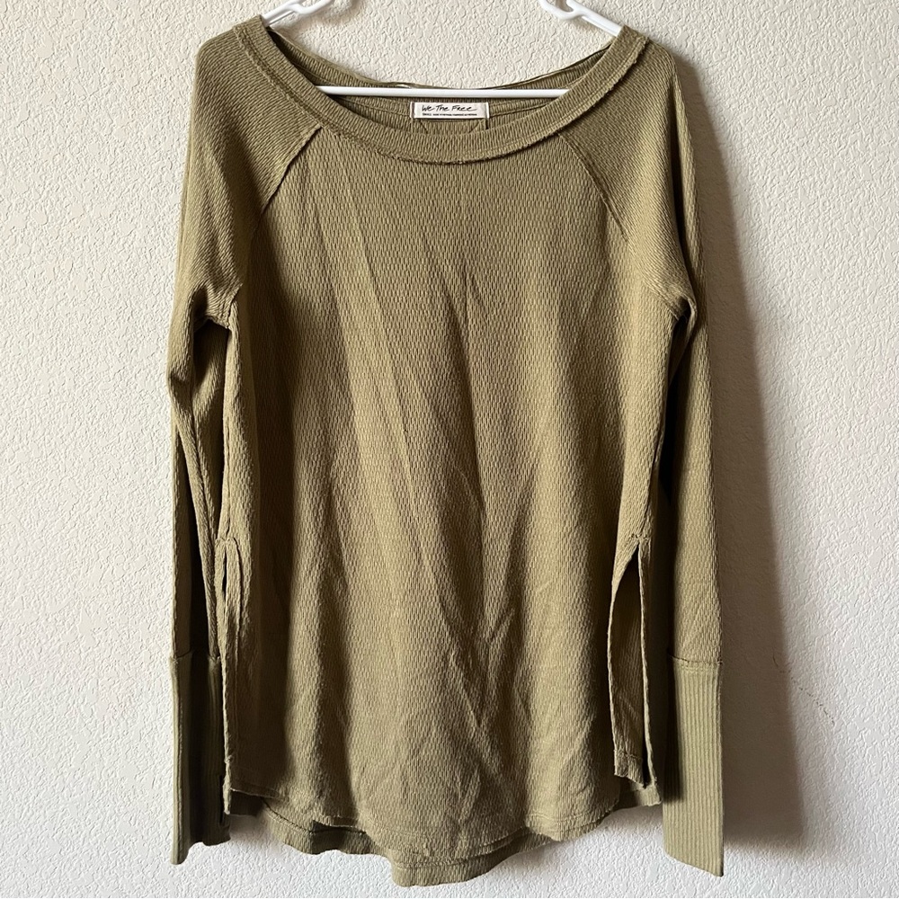 We The Free Green Oversized Slouchy Lounge Boho Waffle Knit Long Sleeve Top S